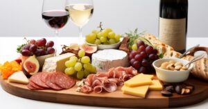 Cheese board with deli meat, cheese, fruit, crackers, and wine