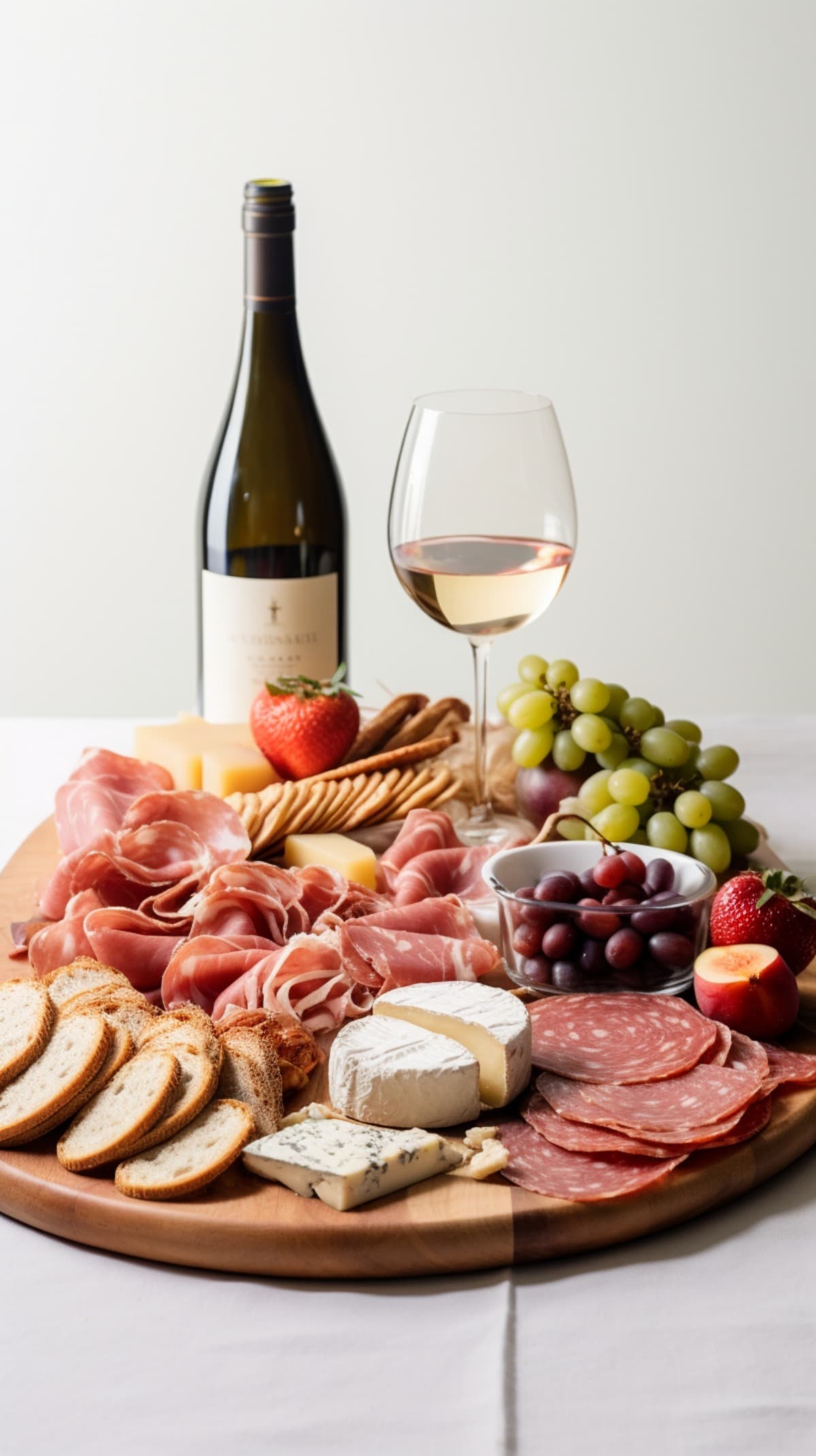 Cheese board with meat, cheese, fruit, and wine
