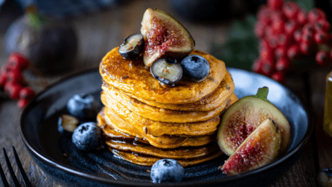 Pumpkin Panckes with Caramelized Figs and Blueberries