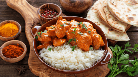 Spicy Curry with Rice and Naan Bread