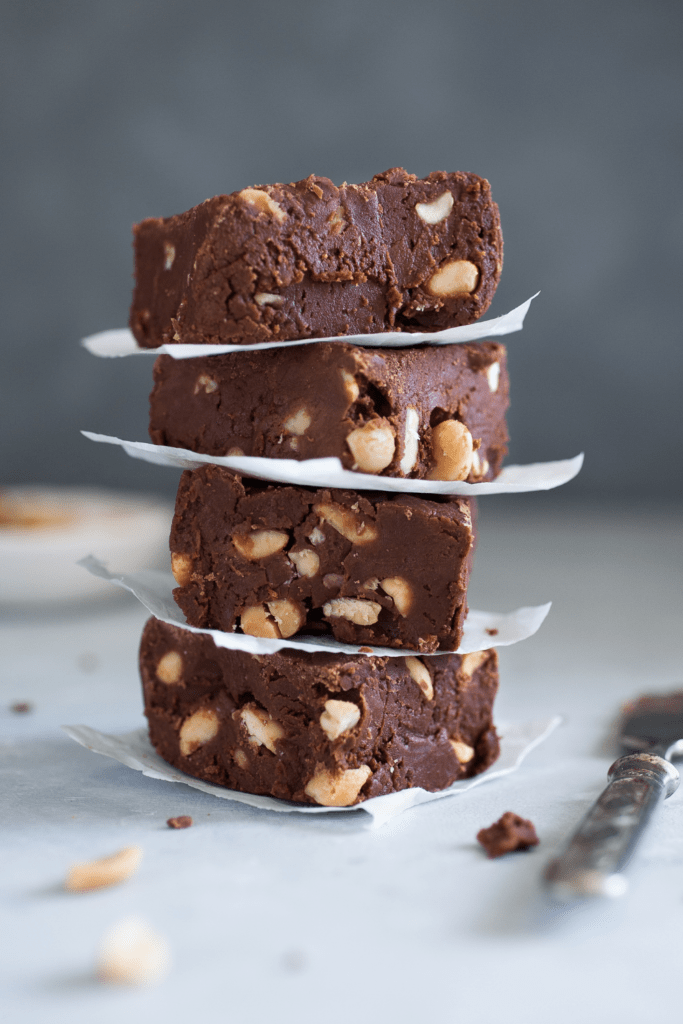Easy Potluck Recipes -Stacks of Chocolate Fantasy Fudge with Nuts