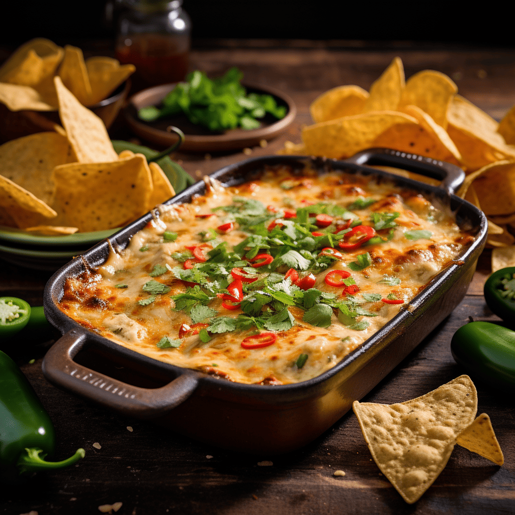 Hormel chili dip garnished with chopped fresh parsley and red chilis with nachos on side. 
