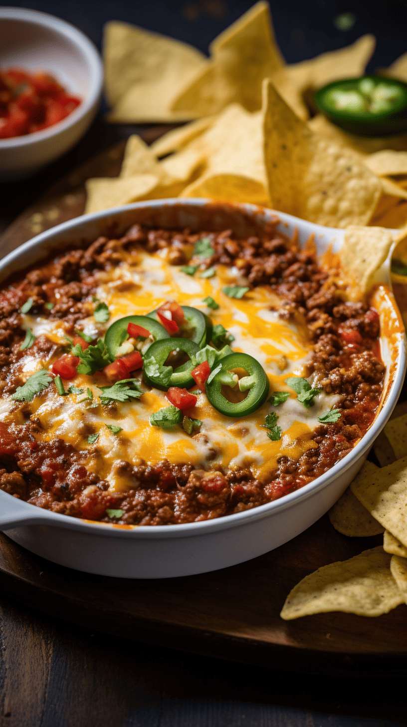 Chili Dip garnished with chilis and chopped parsley served in a bowl on a wooden cutting board with nachos