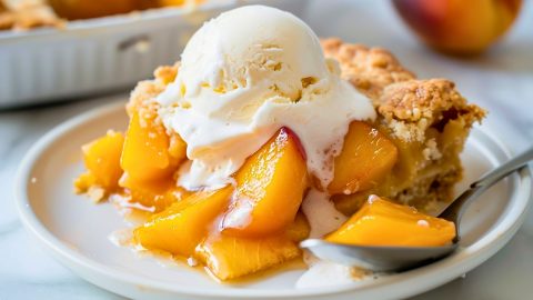 Close Up of Peach Cobbler with Cake Mix with Vanilla Ice Cream on a Plate