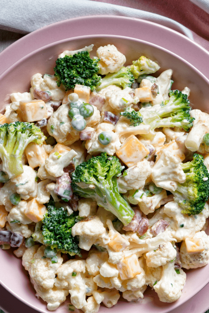 Broccoli and Cauliflower Salad with Cheese, Sweet Peas and Bacon