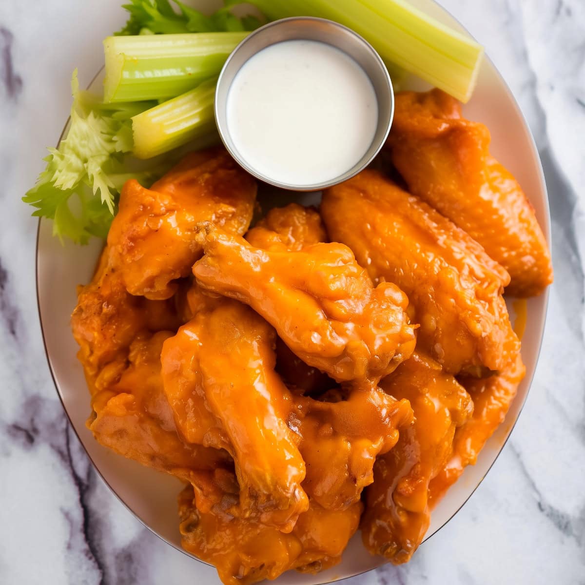 Buffalo chicken wings with dip in a plate.