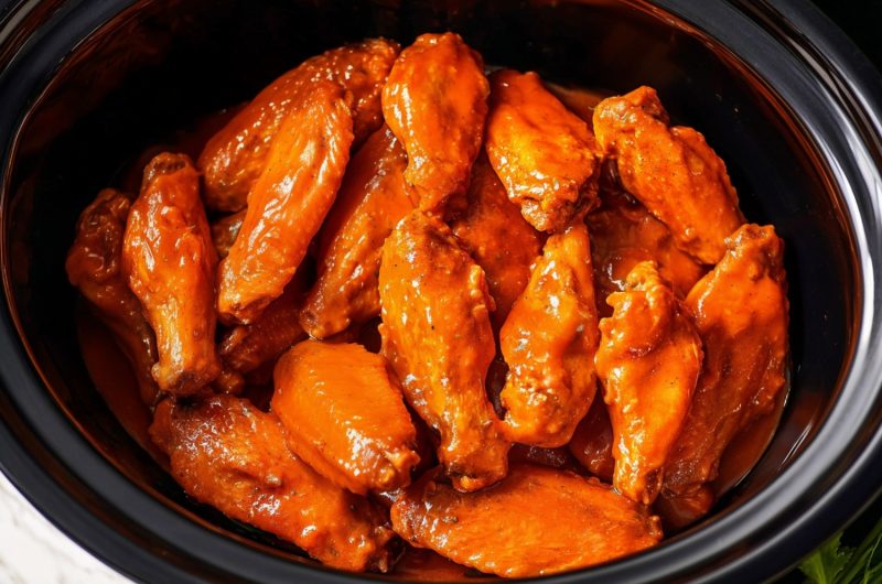 An overhead view of crockpot buffalo chicken wings.