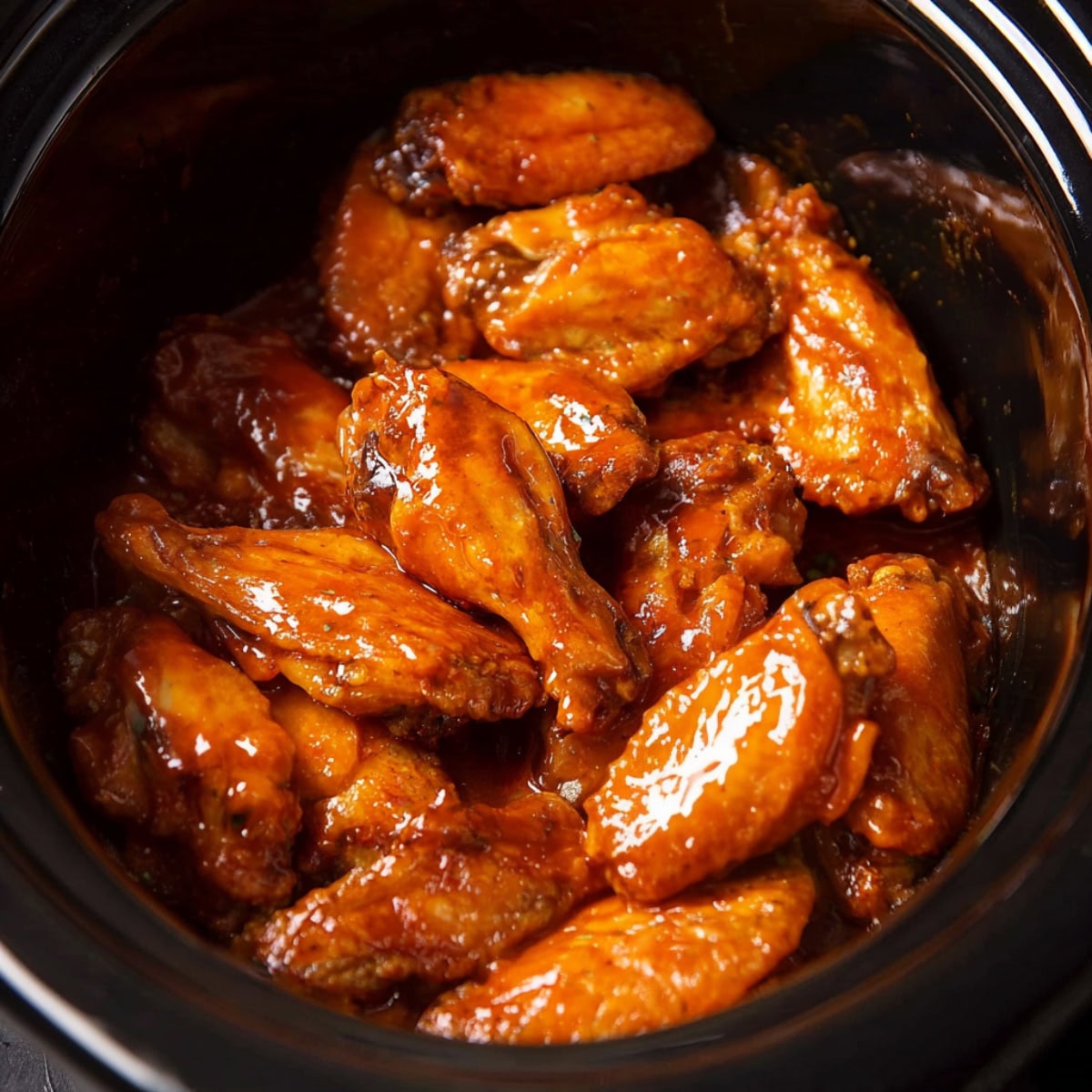 Juicy buffalo chicken wings in a slow cooker.