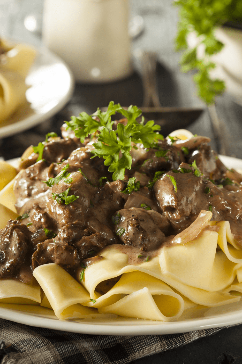 Beef stroganoff with mushrooms and noodles