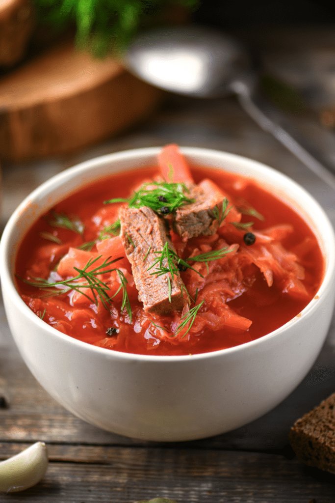 Homemade Borsch: Cabbage Soup with Meat
