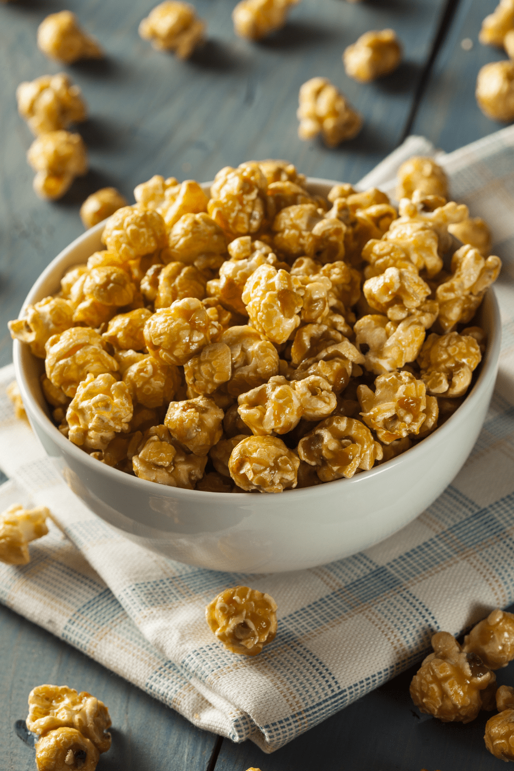Microwave Caramel Popcorn in a White Bowl