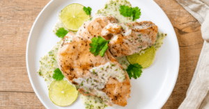 Homemade Grilled Chicken Breast with Lemon Lime Sauce in a Plate