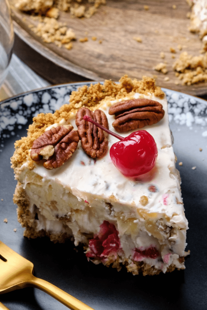 Homemade Millionaire Pie Topped with Cherry and Pecan Nuts