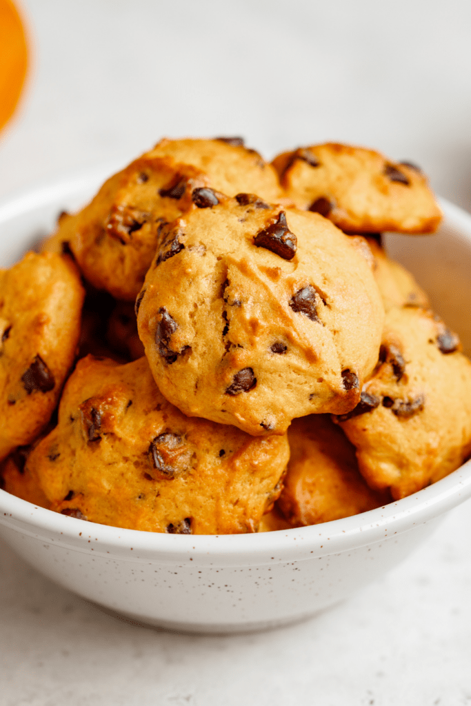 Pumpkin Cookies with Chocolate Chips in a Bowl