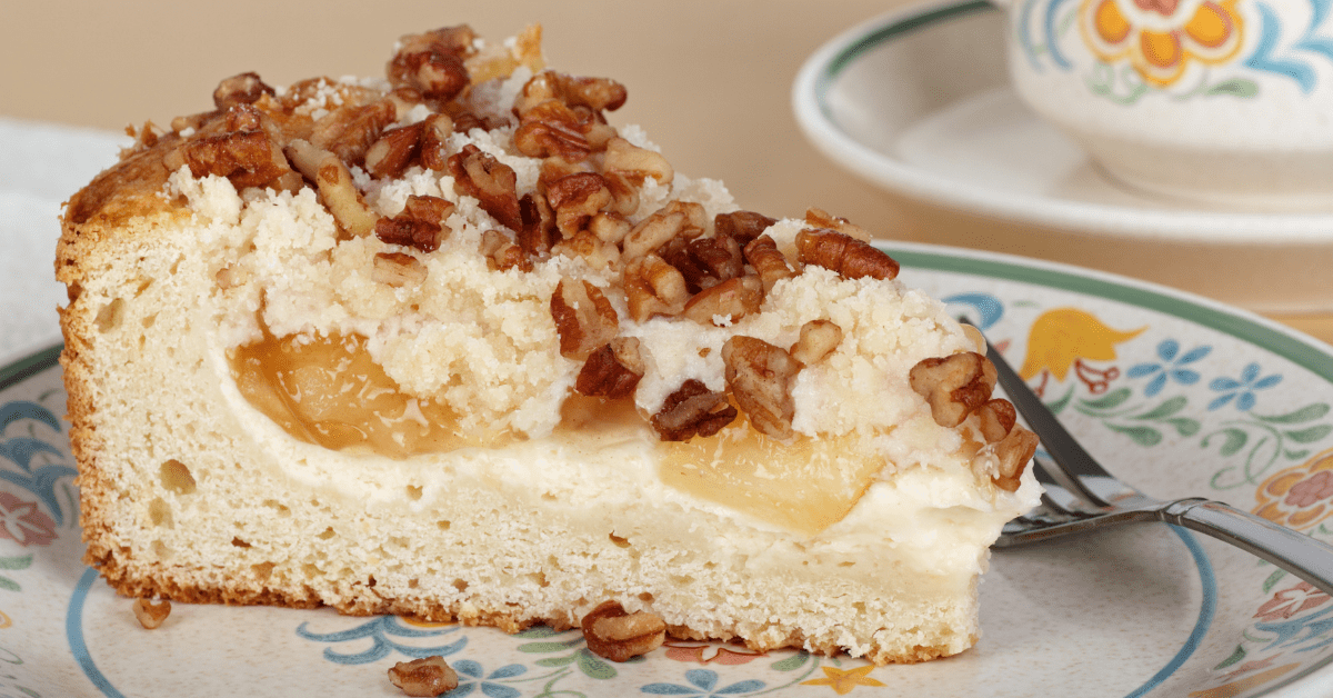 Slice of Homemade Cream Cheese Coffee Cake with Nuts
