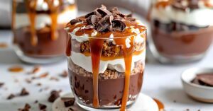Sweet Homemade Chocolate-Layered Dessert with Whipped Cream and Caramel Sauce