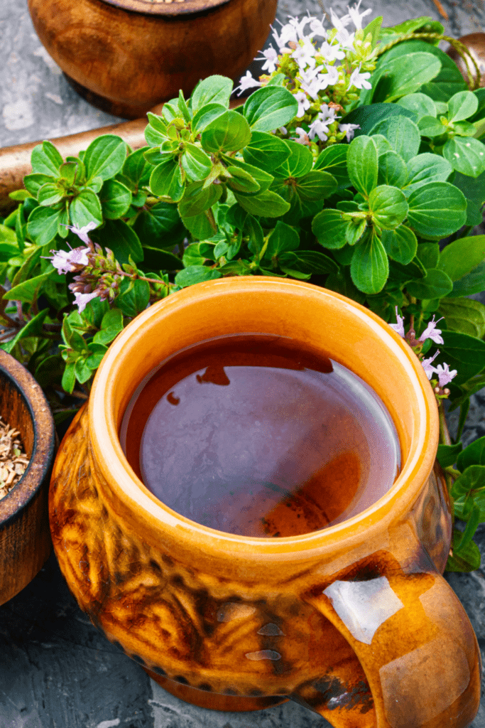 Marjoram Tea in a Mug with Marjoram Leaves