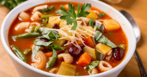 Bowl of Minestrone Soup with Pasta Beans and Vegetables