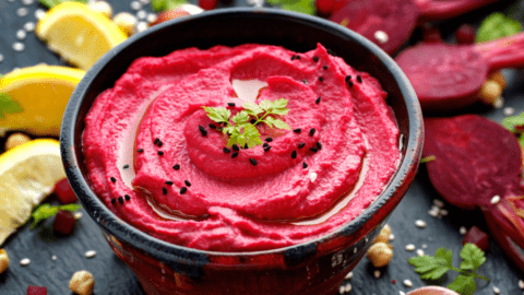 Creamy Beet Hummus in a Ceramic Bowl