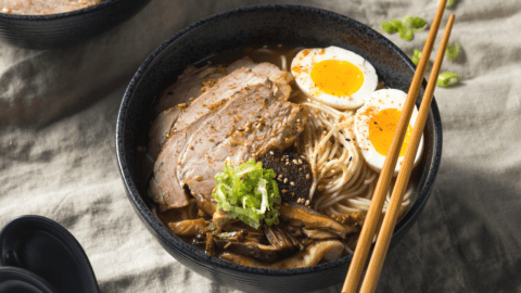 Homemade Asian Pork Ramen in a Black Bowl
