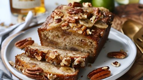 Jamaican Banana Bread Loaf with Two Slices on a White Plate on a Wooden Cutting Board