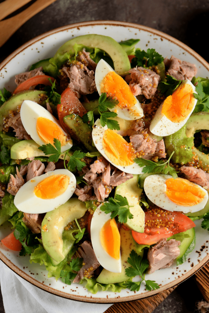 Salad with Canned Tuna, Boiled Eggs, Avocadoes and Tomatoes