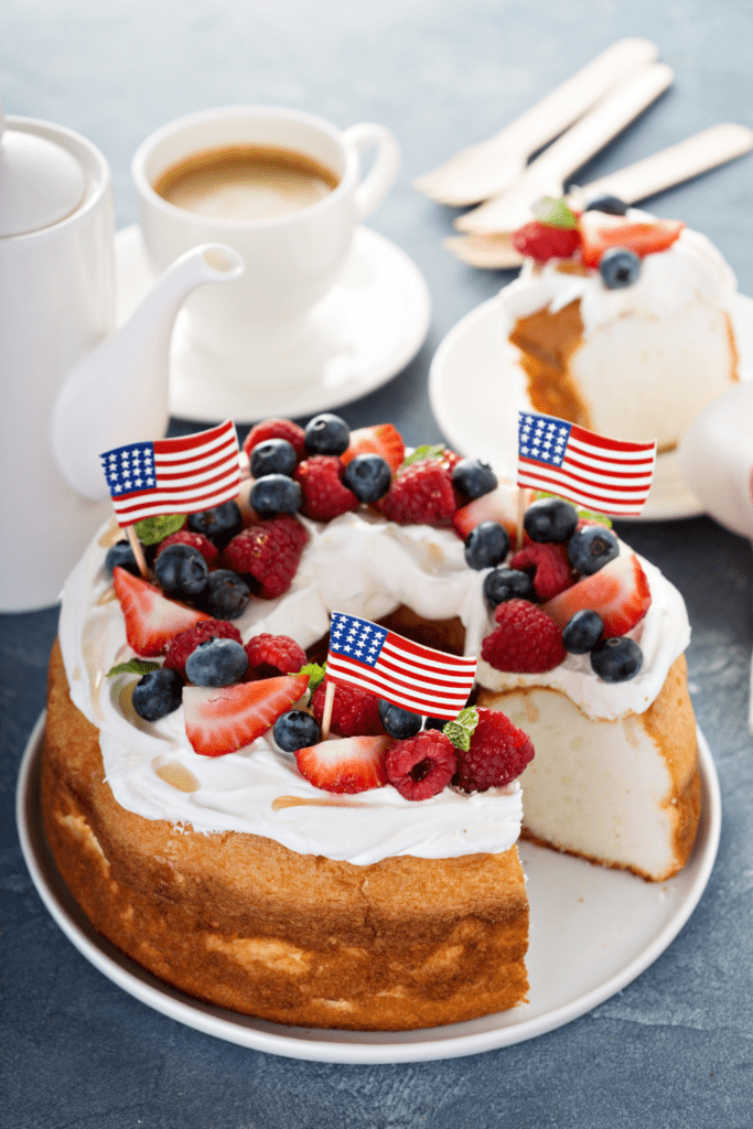 Angel Food Cake with Whipped Cream, Berries and Coffee