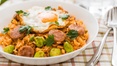 Bowl of Fried Rice with Hotdog and Egg
