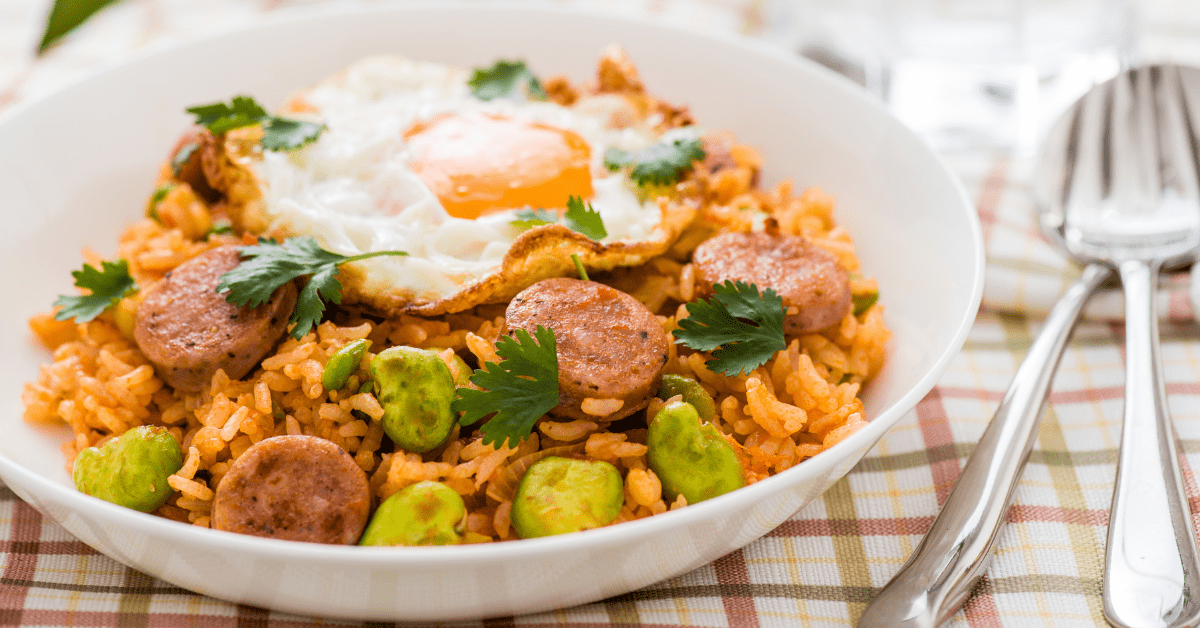 Bowl of Fried Rice with Hotdog and Egg
