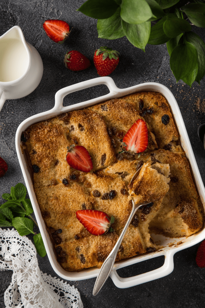 Bread Pudding on a White Baking Dish