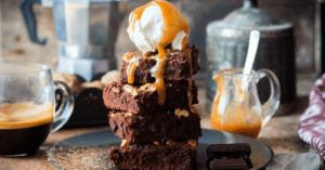 Homemade Chocolate Brownies with Ice Cream and Salted Caramel Sauce