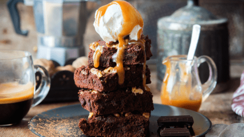 Homemade Chocolate Brownies with Ice Cream and Salted Caramel Sauce