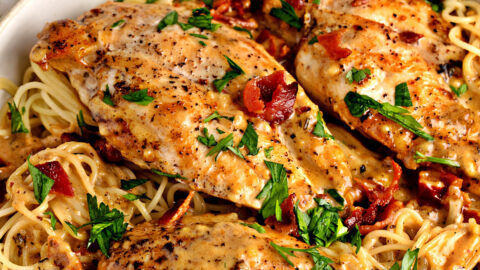 Homemade Scrumptious Marry Me Chicken with Bacon, Angel Hair Pasta and Herbs