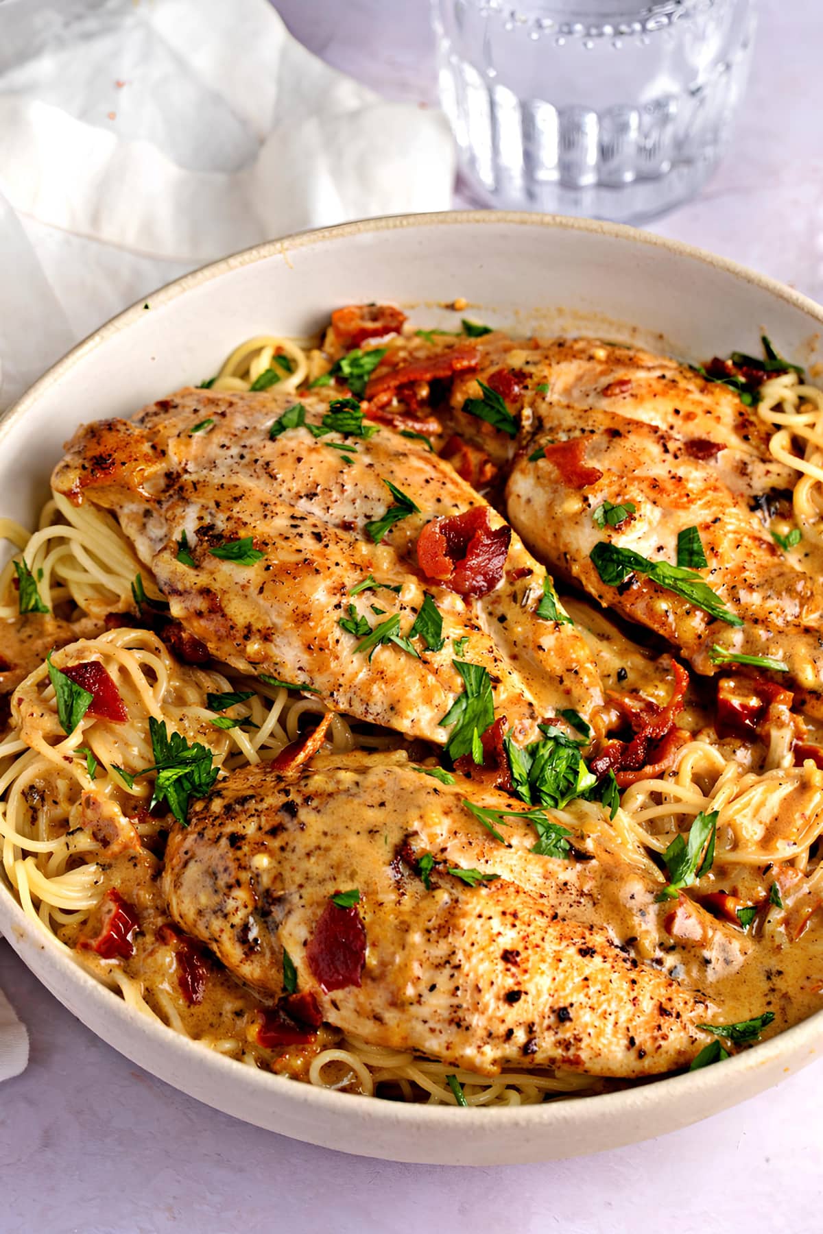 Homemade Scrumptious Marry Me Chicken with Bacon, Angel Hair Pasta and Herbs
