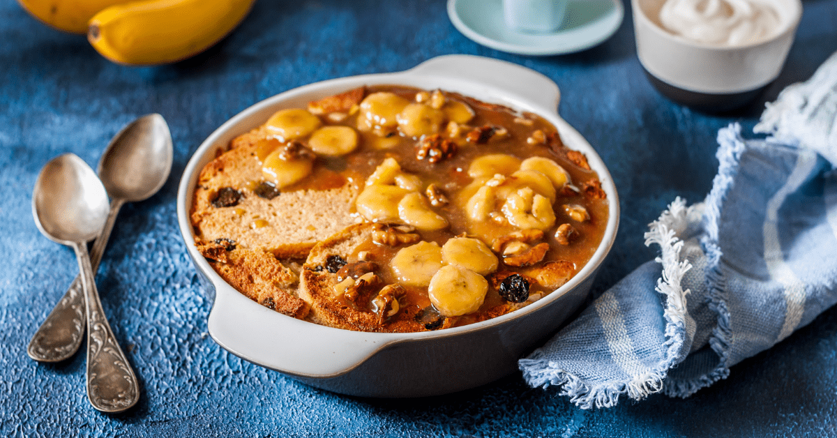 Leftover Bread Pudding with Caramelized Banana and Walnuts
