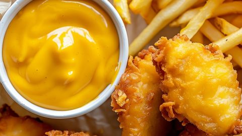 Top View of McDonald's Hot Mustard Sauce in a White Ramekin with Chicken Tenders and French Fries