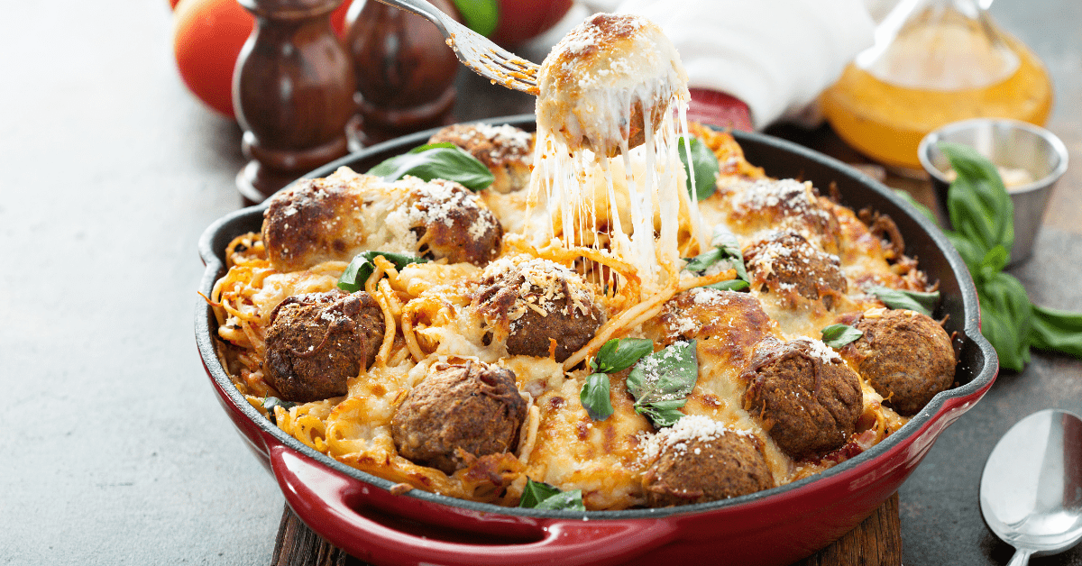 Meatballs Casserole with Cheese, Spaghetti and Tomato Sauce