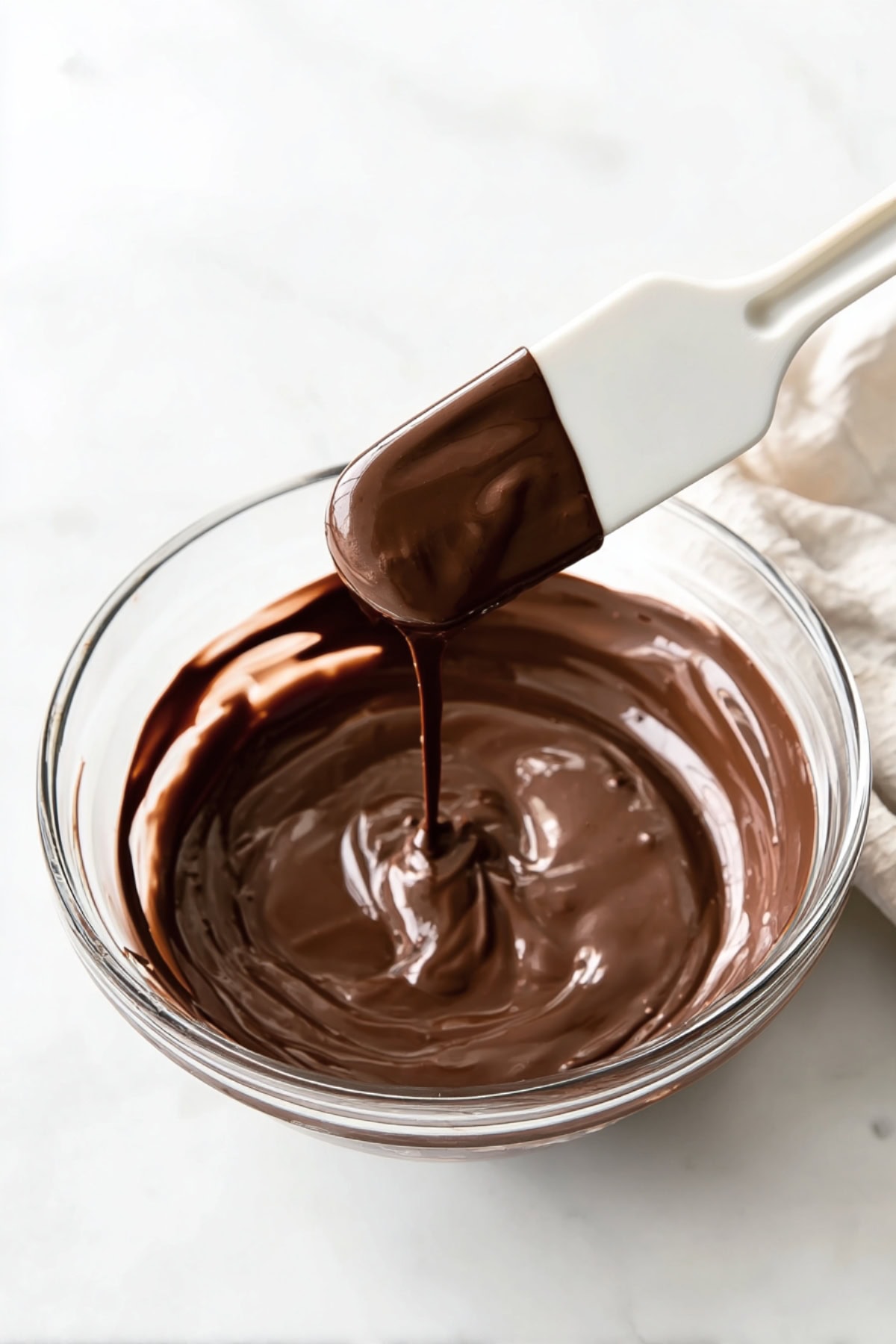 Melted chocolate in a glass bowl.