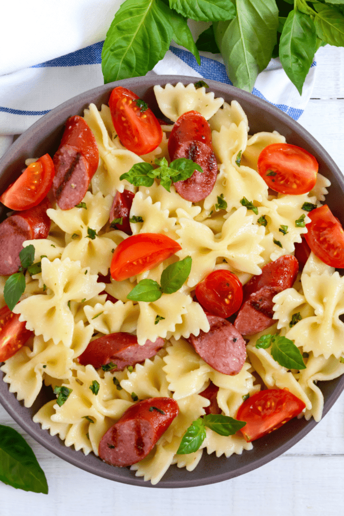 Pasta Farfalle with Grilled Sausages and Tomatoes