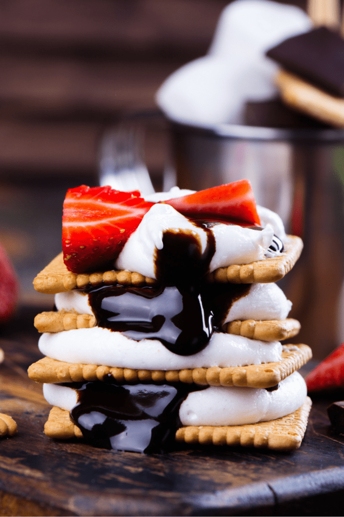 S'mores Cookies with Chocolate Syrup, Strawberries and Graham Crackers