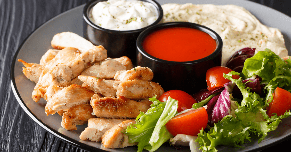 Chicken Shawarma with Vegetables, Hummus and Sauce