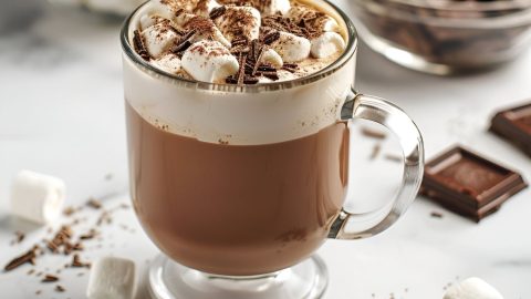 Close Up Ghiradelli Hot Chocolate in a Glass Mug with Marshmallows and Chocolate Shavings