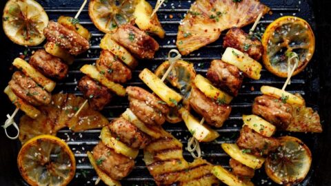 Grilled BBQ Skewers with Pineapples and Lemons