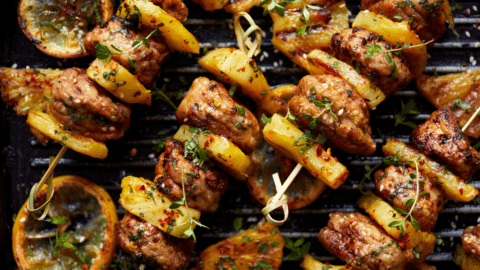 Grilled Pineapple Meatball Skewers with Herbs