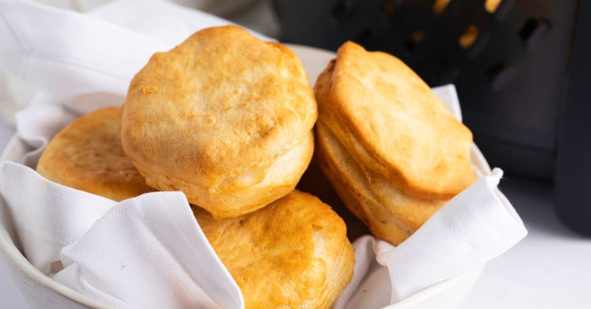 Homemade Air Fryer Biscuits in a White Bowl