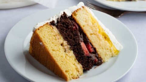 Sliced Atomic Chocolate Layered Cake in a Plate