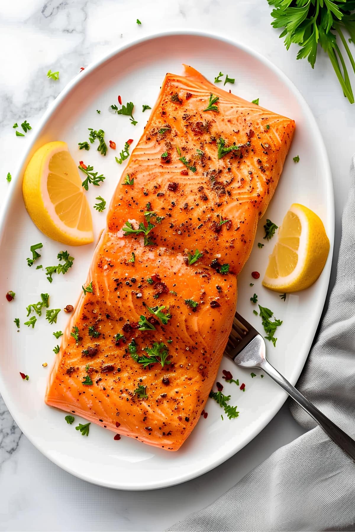 Salmon fillet with lemon wedges and aromatic herbs, top view