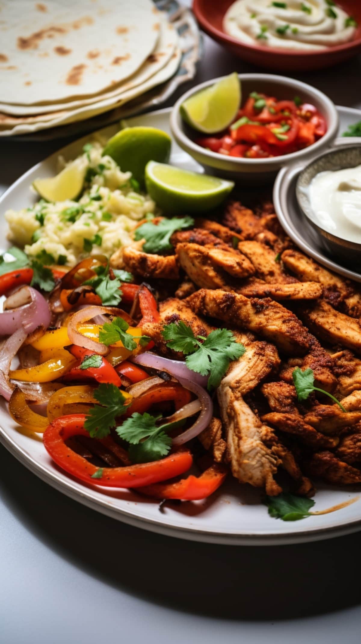 Air Fryer Chicken Fajitas on a plate with tortillas, lime, and salsa