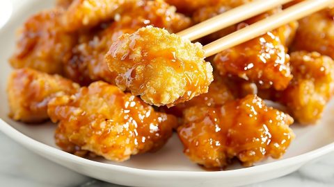 Close up of Sweet and Sour Chicken Balls on a White Plate with One Chicken Ball Held Up by Chopsticks