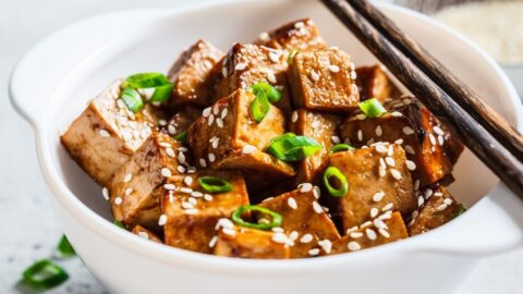Bowl of Fried Tofu with Teriyaki Sauce
